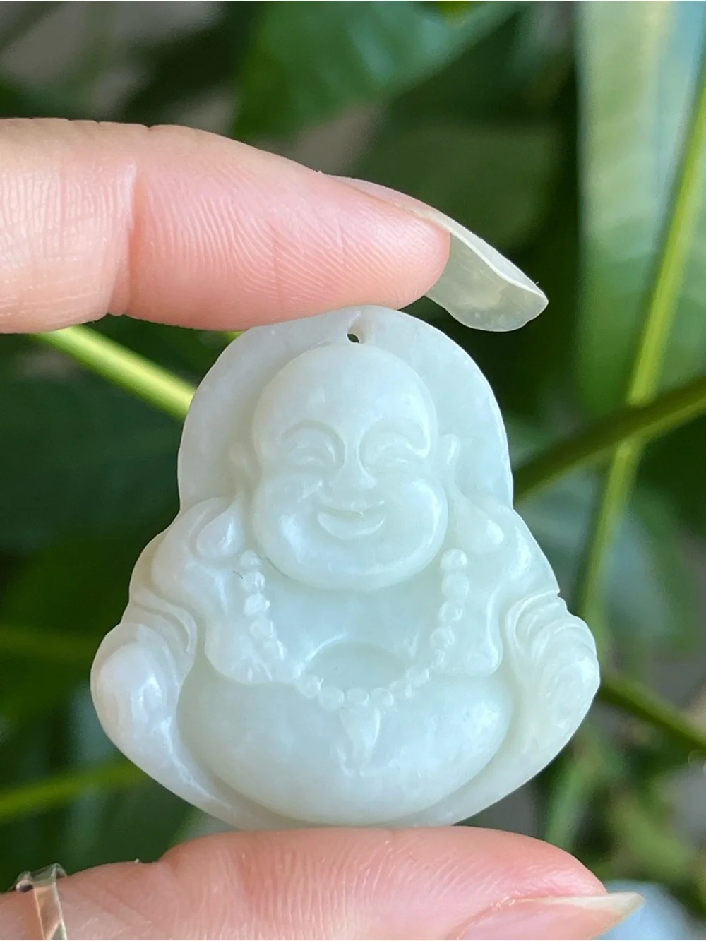 Natural White Jadeite-Style Nephrite Jade Carved Laughing Buddha Pendant - NWOT